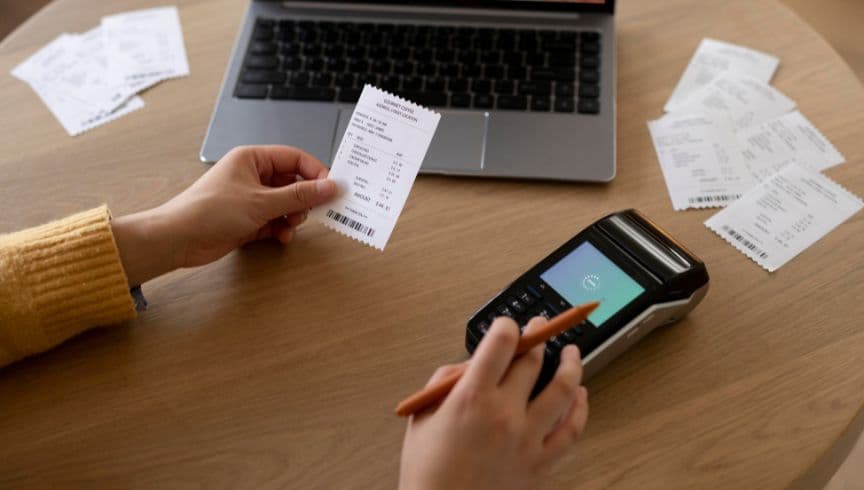 Struk kasir dengan rincian subtotal biaya layanan dan pajak PB1 dari Karts POS